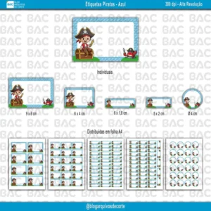 Kit de Etiquetas Escolares Piratas Azul – Arquivo de Corte