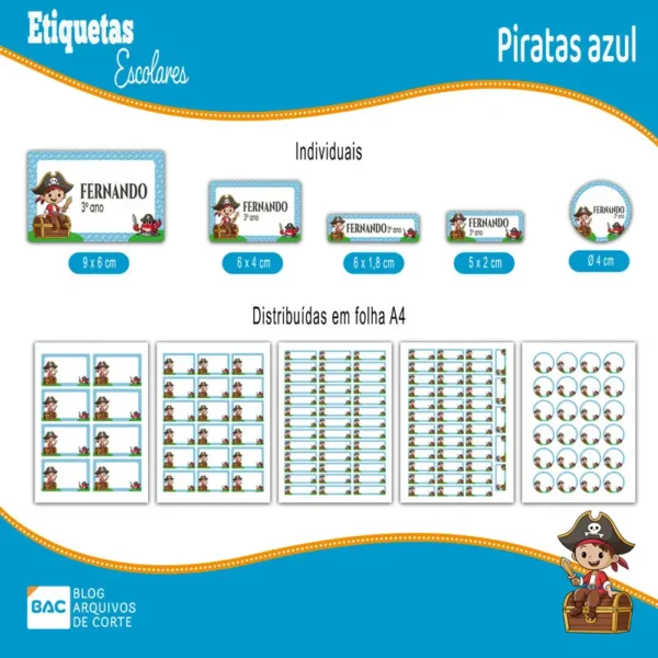 Kit de Etiquetas Escolares Piratas Azul – Arquivo de Corte