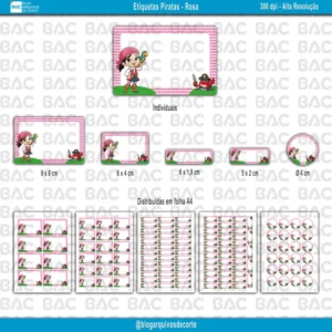 Kit de Etiquetas Escolares Piratas Rosa – Arquivo de Corte