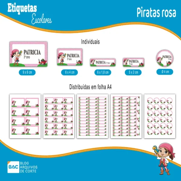 Kit de Etiquetas Escolares Piratas Rosa – Arquivo de Corte