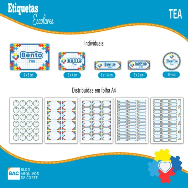 Kit de Etiquetas Escolares TEA Azul – Arquivo de Corte
